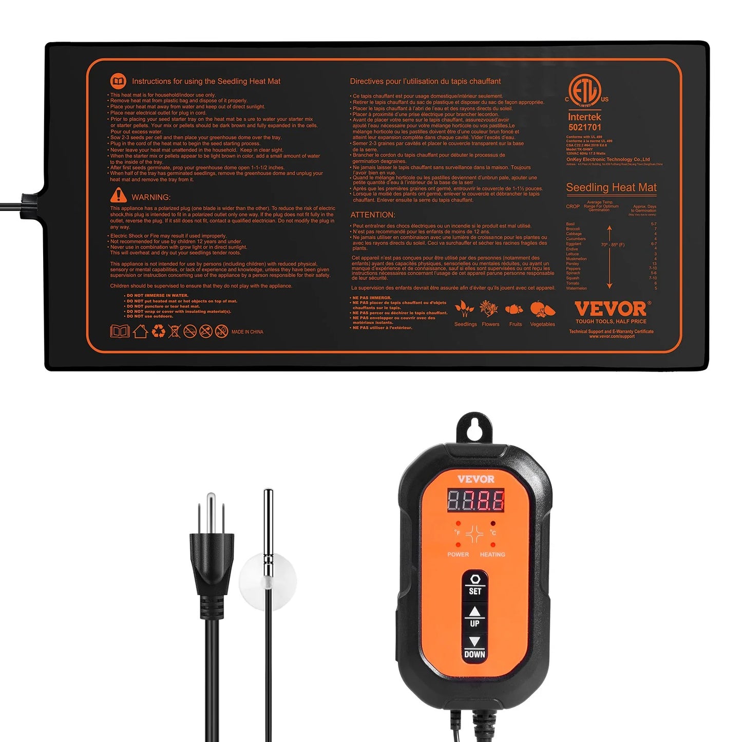VEVOR 10X 20.75 Seedling Heat Mat W/ Digital Thermostat Combo Set, Met-Listed Heating Pad for Seed Starting, Waterproof Seed Mats for Germination, Indoor Gardening, Hydroponic, Greenhouse, 1 Pack