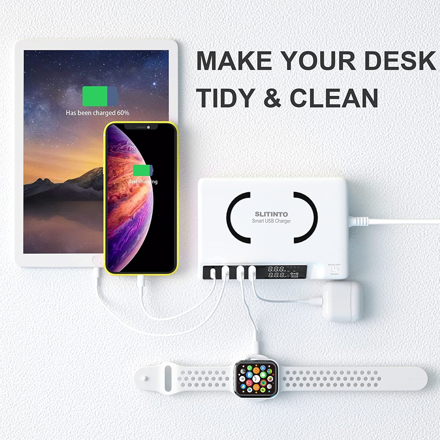 USB Charger Upgraded Version, 65W 12A 4-Port USB Charging Station 20W PD Charger and QC3.0 Multi Port USB C Charger Hub with Adjust Brightness LCD Display for Iphone Ipad Huawei and More