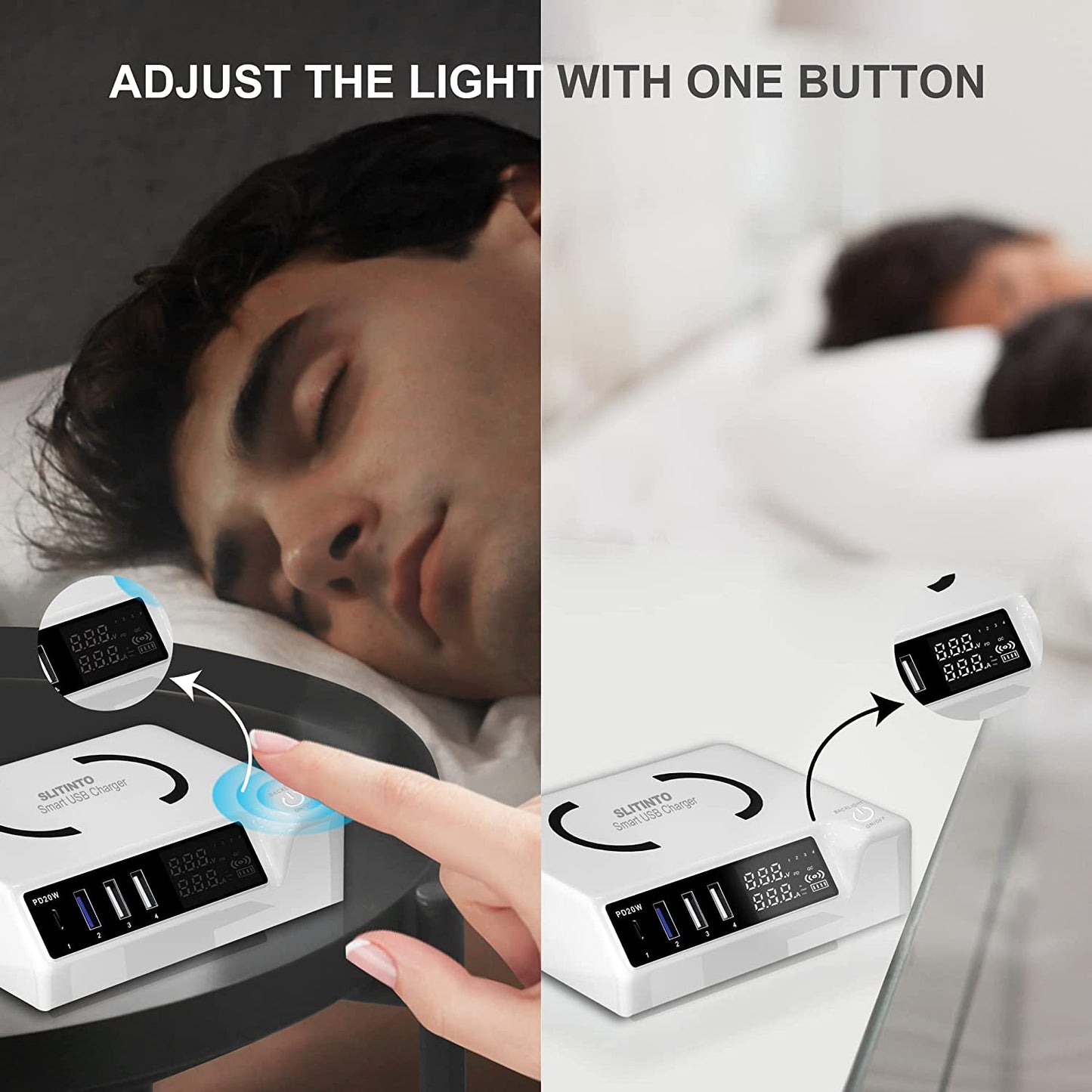 USB Charger Upgraded Version, 65W 12A 4-Port USB Charging Station 20W PD Charger and QC3.0 Multi Port USB C Charger Hub with Adjust Brightness LCD Display for Iphone Ipad Huawei and More