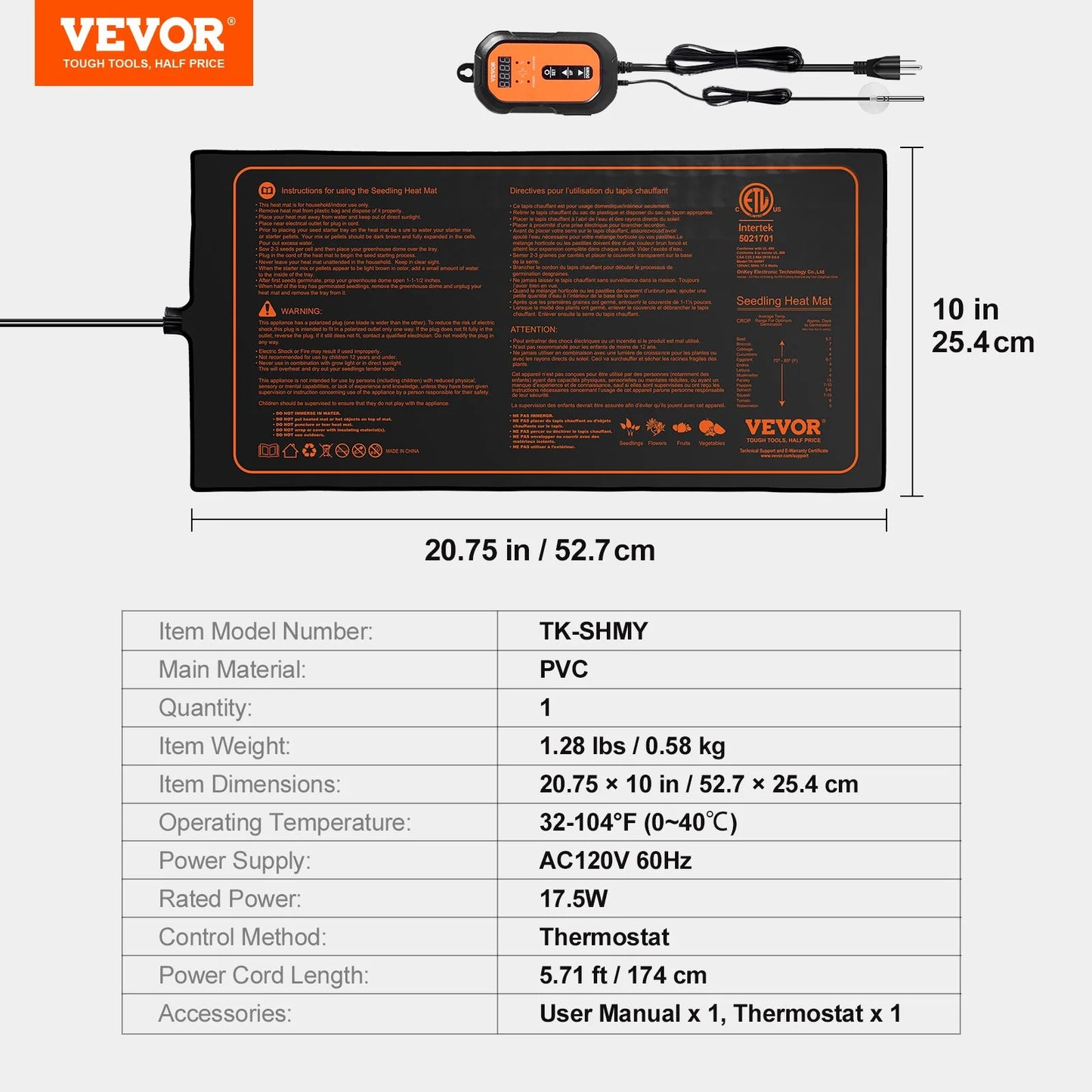 VEVOR 10X 20.75 Seedling Heat Mat W/ Digital Thermostat Combo Set, Met-Listed Heating Pad for Seed Starting, Waterproof Seed Mats for Germination, Indoor Gardening, Hydroponic, Greenhouse, 1 Pack