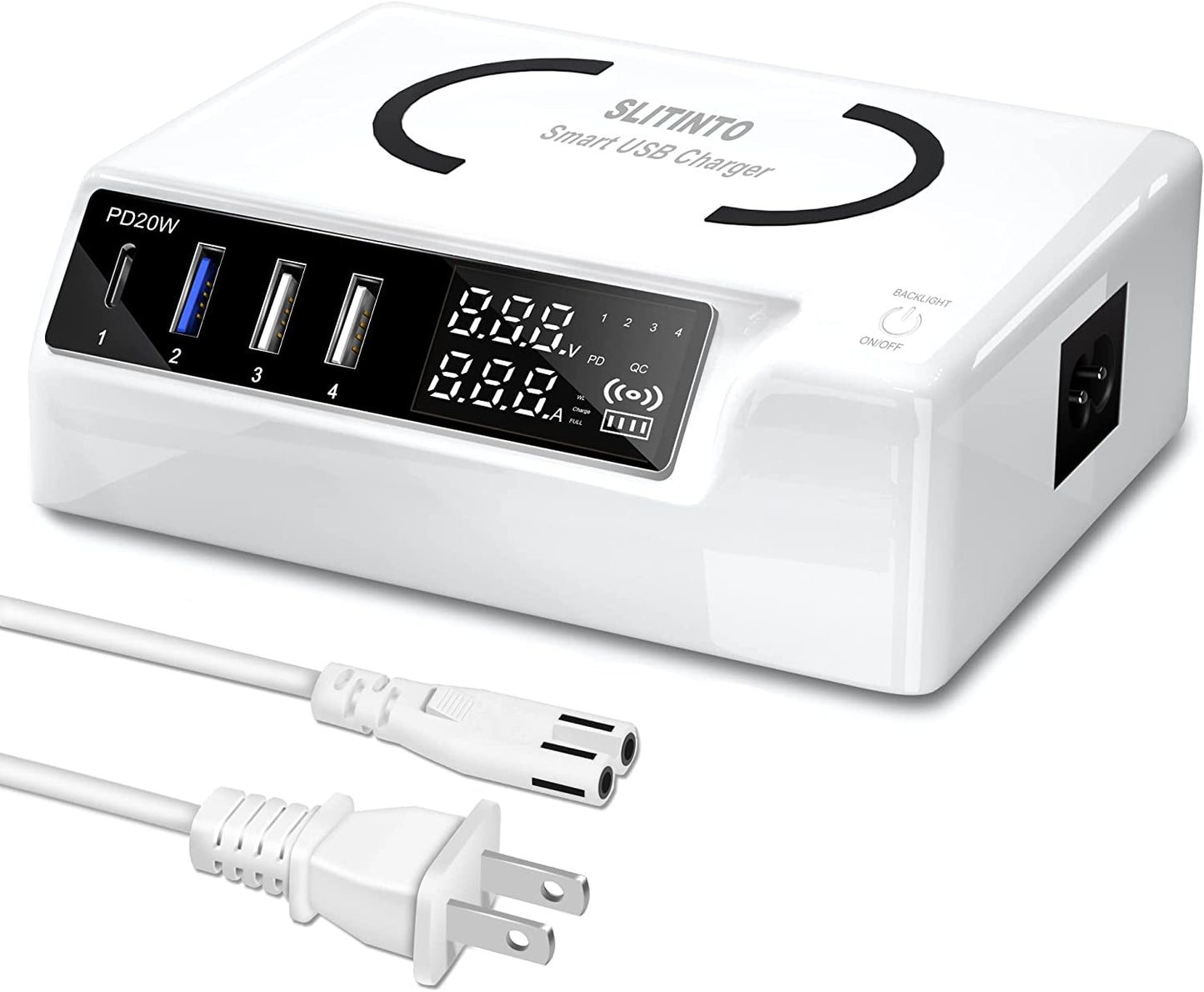 USB Charger Upgraded Version, 65W 12A 4-Port USB Charging Station 20W PD Charger and QC3.0 Multi Port USB C Charger Hub with Adjust Brightness LCD Display for Iphone Ipad Huawei and More