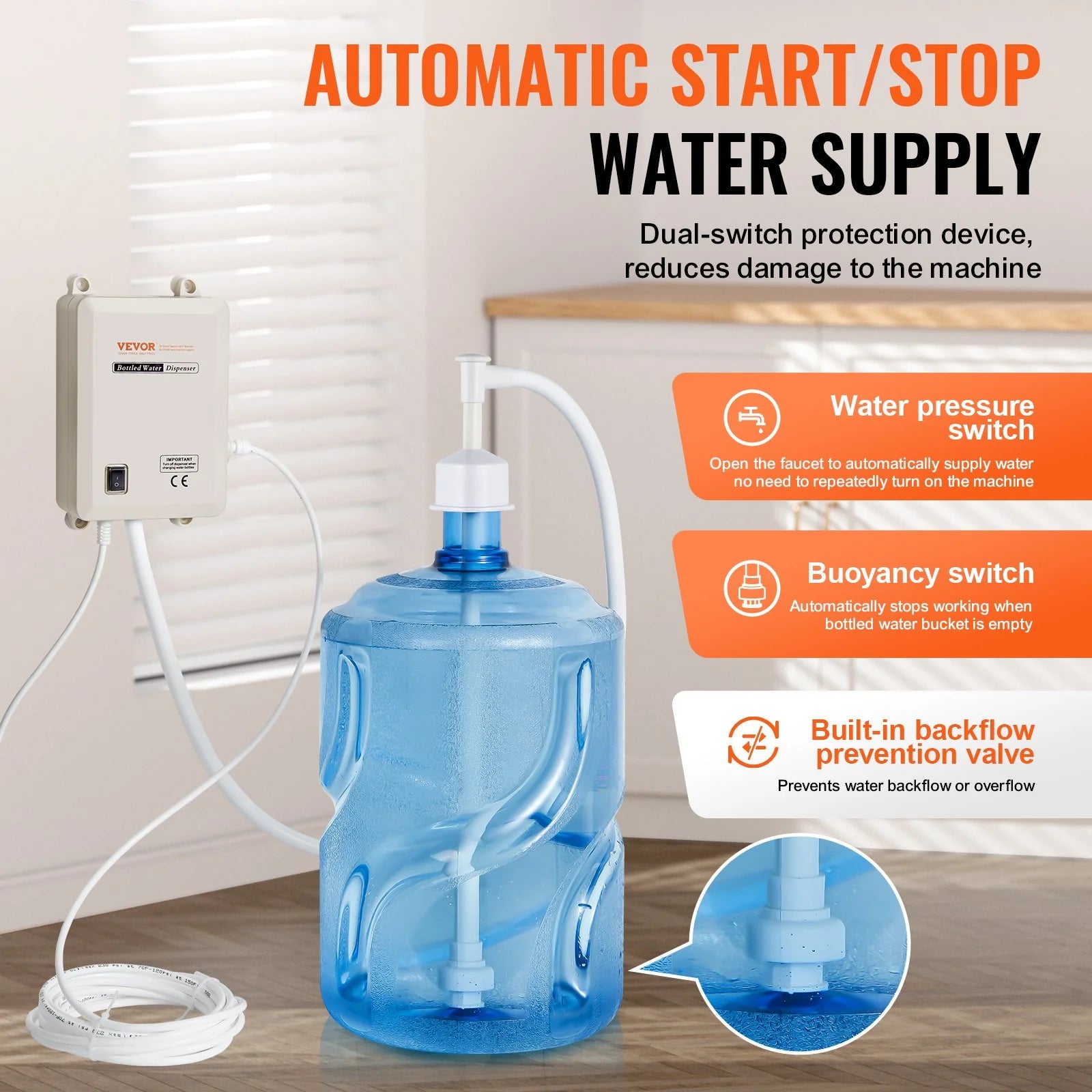 VEVOR Bottled Water Dispensing Pump System,110V 20Ft US Plug High Flow Bottled Water Pump with Single Inlet , Bottled Water System for Home Kitchen Office Bar Coffee Brewer Ice-Maker Refrigerator