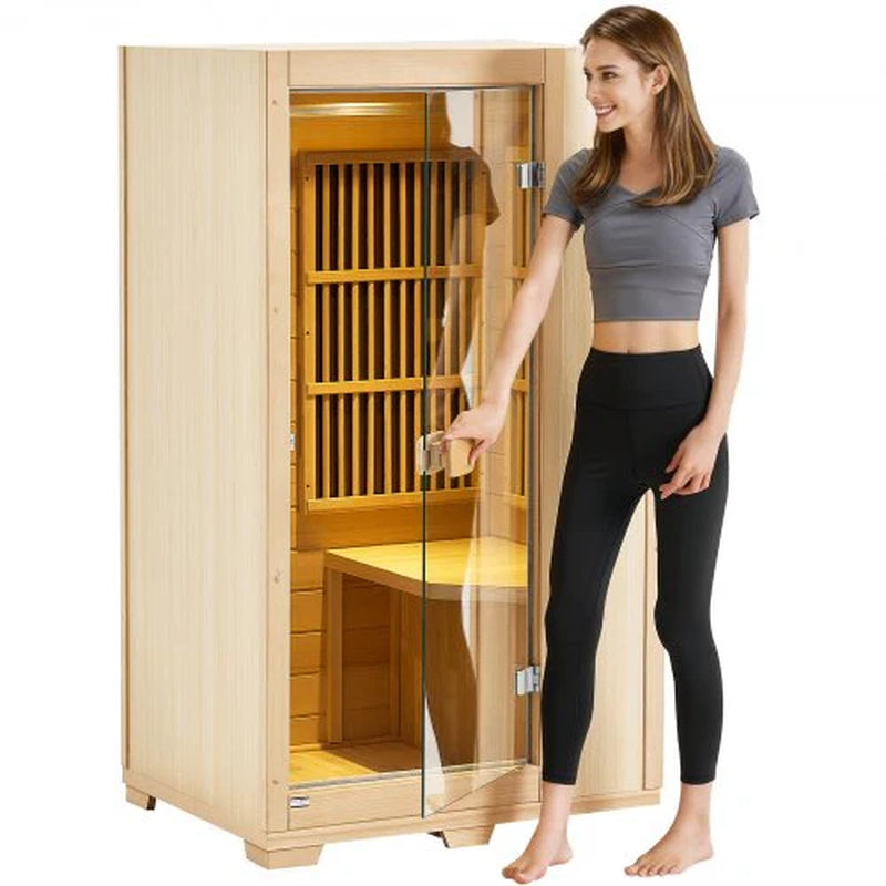 VEVOR Far Infrared Wooden Sauna, Room Home Sauna Spa for One Single Person, Low EMF Far Infrared Hemlock Wood Sauna with Tempered Glass Door & LED Reading Lamp & Bluetooth Speakers, 1140W Indoor Use